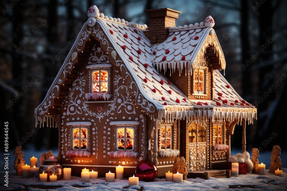 Confection warmly lit life sized gingerbread house, christmas picture