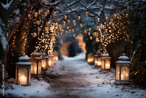 Enchanting winter garden lantern lit path amidst soft glowing lights, xmas images