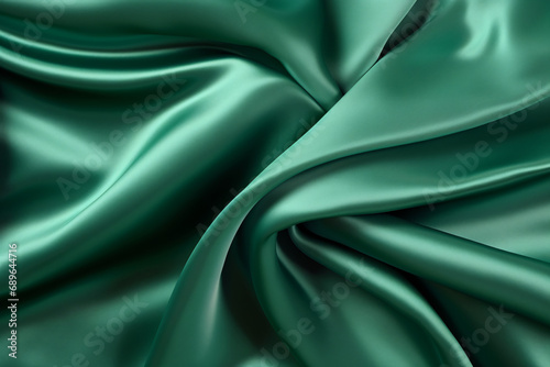 Green shiny silk cloth texture, silky smooth soft fabric, wavy liquid satin