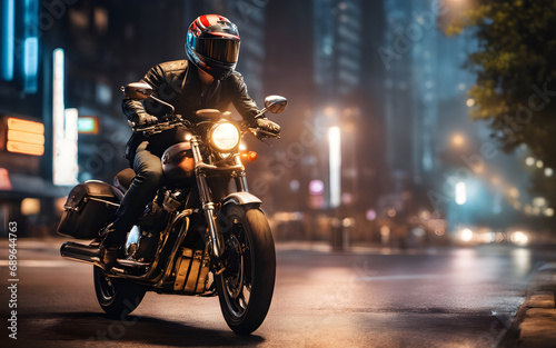 Photograph of a man with a helmet riding a motorcycle on the road in a city during the night © julien.habis