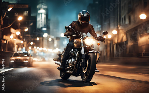 Photograph of a man with a helmet riding a motorcycle on the road in a city during the night © julien.habis