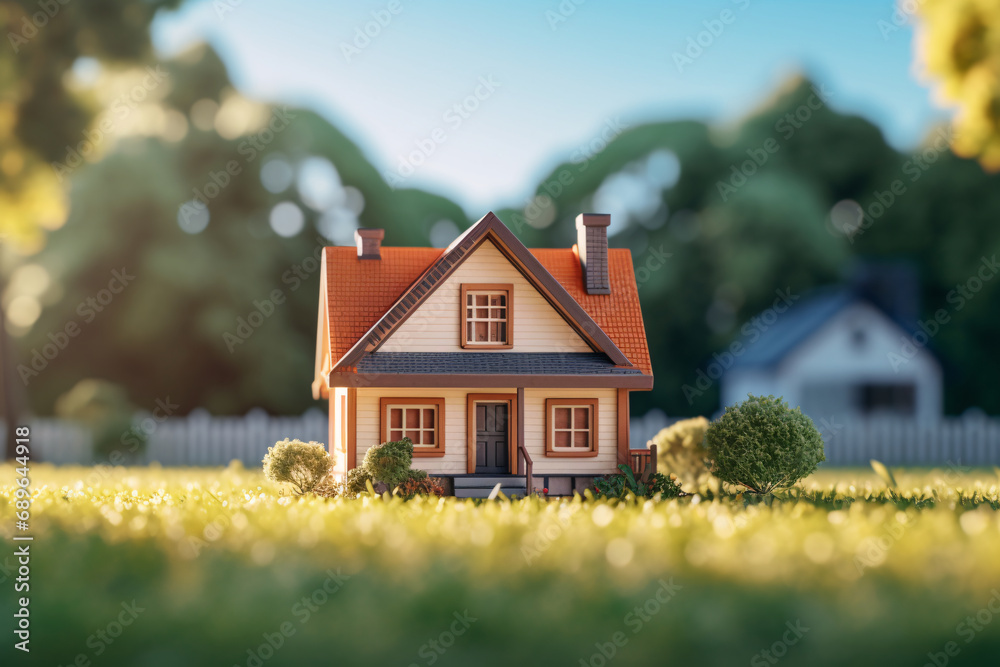 Miniature house on a lawn depicting the concept of buying our building a house