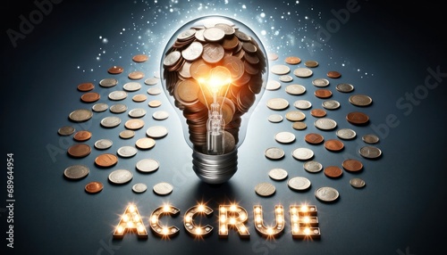 Illuminated lightbulb overflowing with coins, symbolizing wealth and financial ideas with 'accure' text