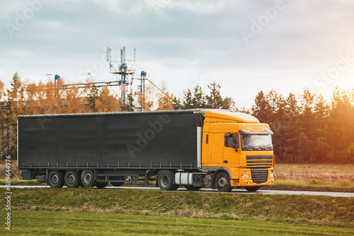 A freight truck transports a container on a motorway. Logistic in Europe concept. Driving a cargo semi-truck on a highway with a beautiful red sun setting behind.