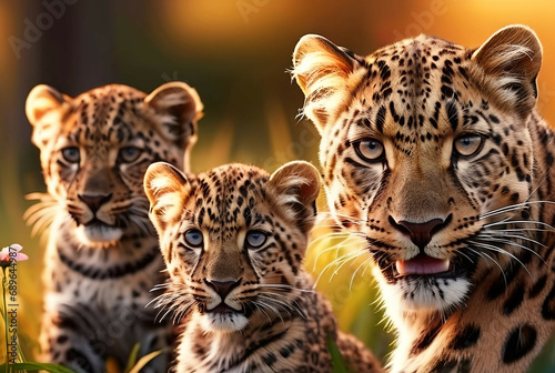 Jaguar Leopard family  cubs  love  photographic image with animals perfect for wall decoration . Ai Generative