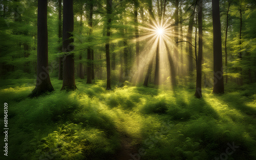 Photograph of a sunny morning in an springtime forest, with rays of lights