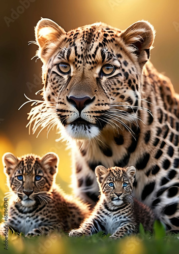 Jaguar Leopard family, cubs, love, photographic image with animals perfect for wall decoration . Ai Generative