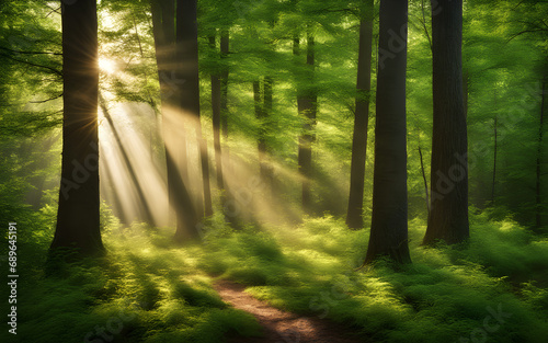 Photograph of a sunny morning in an springtime forest  with rays of lights