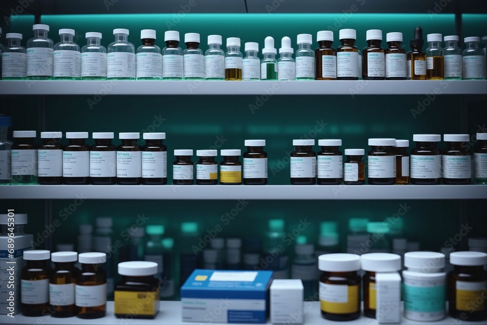 Fiktive Medikamente mit Pseudo Beschriftung: Nahaufnahme eines gut organisierten Apothekenregals Fiktive Medikamente mit Pseudo Beschriftung: Nahaufnahme eines gut organisierten Apothekenregals