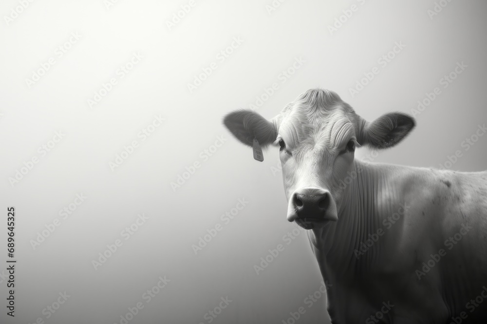 The cow is staying on the field. Fog with hazy lighting. Monochromatic - obrazy, fototapety, plakaty 