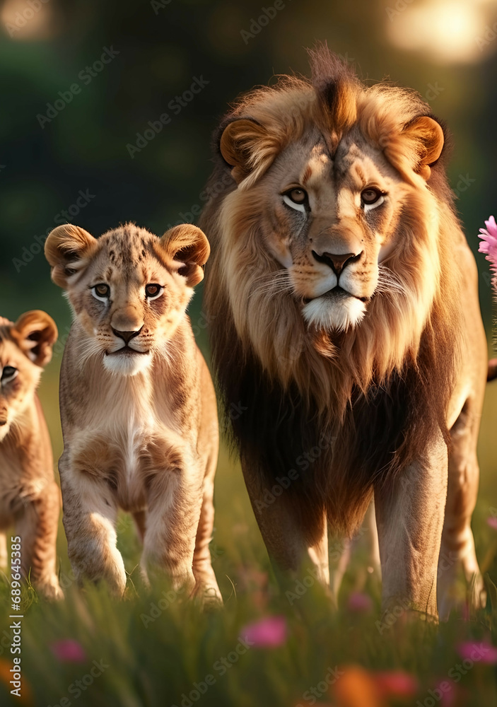 Lion family, cubs, love, photographic image with animals perfect for wall decoration . Ai Generative Lion family, cubs, love, photographic image with animals perfect for wall decoration . Ai Generative