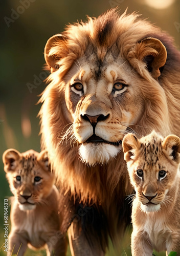Lion family, cubs, love, photographic image with animals perfect for wall decoration . Ai Generative © Vieriu