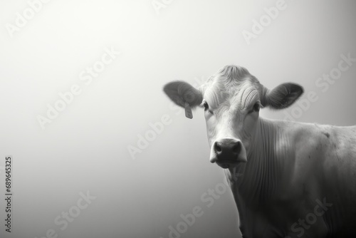 The cow is staying on the field. Fog with hazy lighting. Monochromatic photo