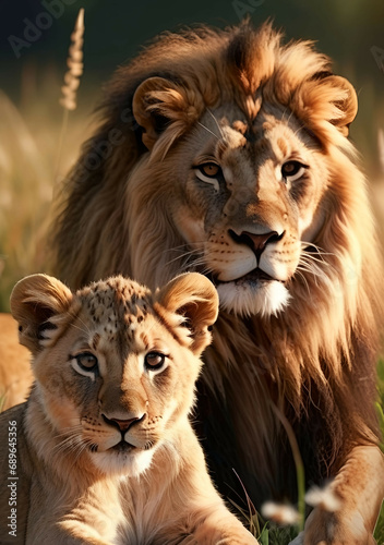 Lion family  cubs  love  photographic image with animals perfect for wall decoration . Ai Generative