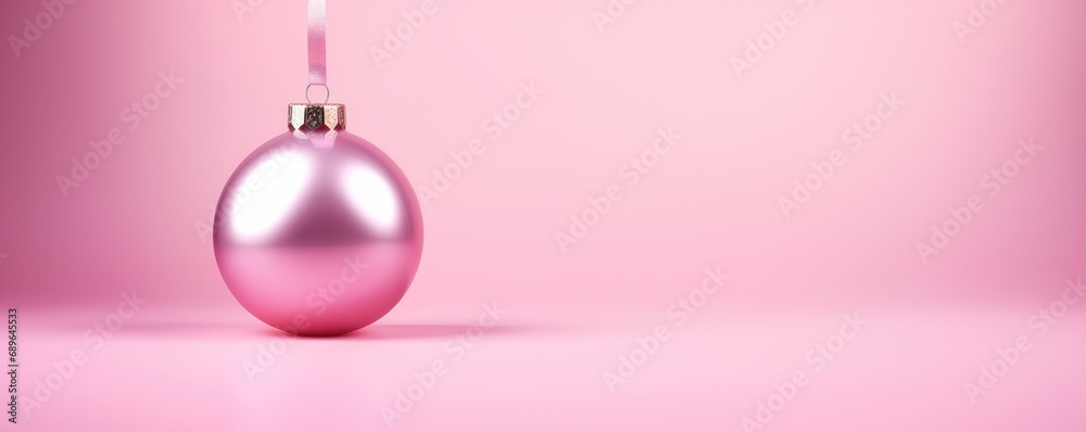 Pink Christmas ball isolated on light rose background. New year decoration, festive atmosphere concept. Banner with copy space Pink Christmas ball isolated on light rose background. New year decoration, festive atmosphere concept. Banner with copy space