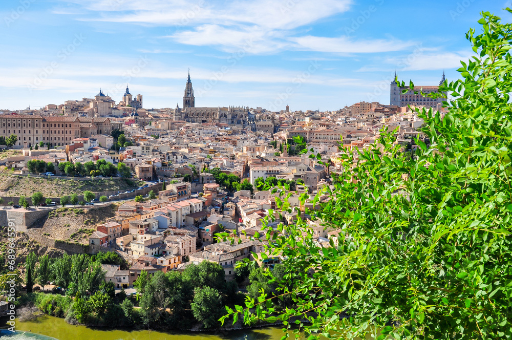 Cityscape of medieval Toledo and Tajo river, Madrid suburbs, Spain