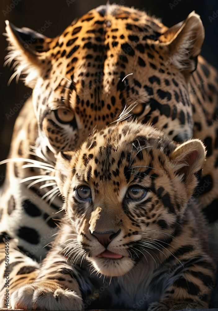 Obraz premium Jaguar Leopard family, cubs, love, photographic image with animals perfect for wall decoration