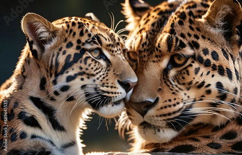 Jaguar Leopard family, cubs, love, photographic image with animals perfect for wall decoration . Ai Generative