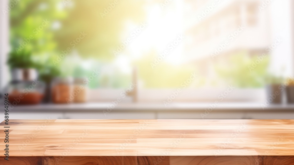 Modern cozy outdoor restaurant with green plants, blurred background with wooden table for product and text placement