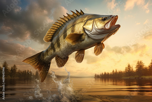 Yellow Perch jumping out of water. Fishing concept. Generative Ai