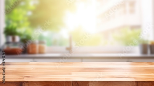 Modern cozy outdoor restaurant with green plants, blurred background with wooden table for product and text placement © KimlyPNG