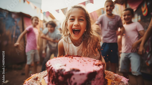 Beautiful young female child screaming from happiness, little girl standing in front of the chocolate cake, celebrating birthday with her friends, colorful decorations in the background photo