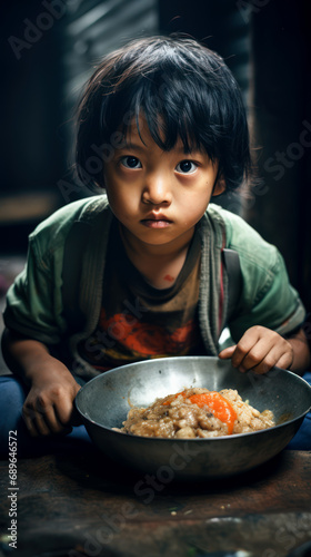 Asian children with malnutrition, looking weak and frail, holding metal bowl of food from volunteers photo