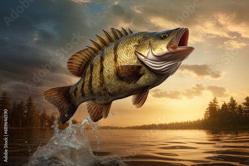Yellow Perch jumping out of water. Fishing concept. Generative Ai