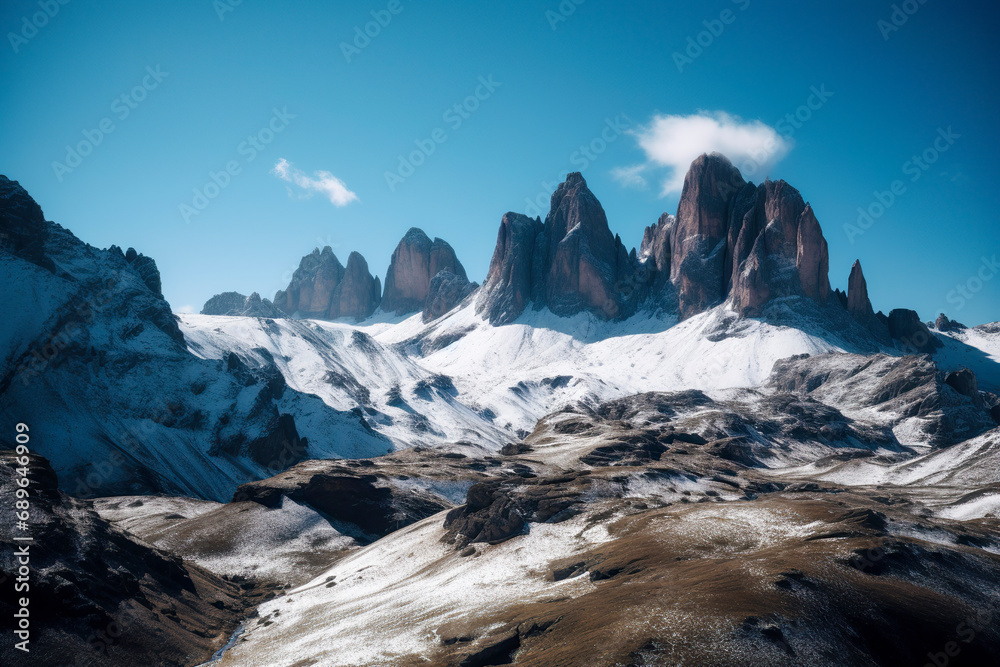 snow-capped mountain range under a bright blue sky with wispy clouds, ai generative