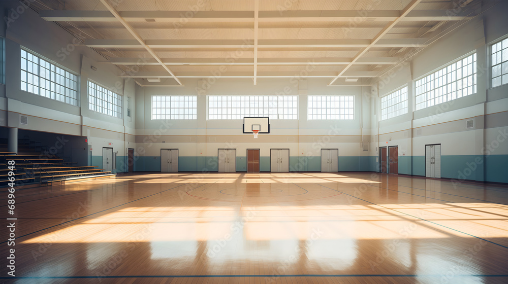 Empty basketball gym, morning sun shining upon hardwood parquet floor with thick black lines. Hoop, backboard and net placed in a public school sports indoor playground - obrazy, fototapety, plakaty 