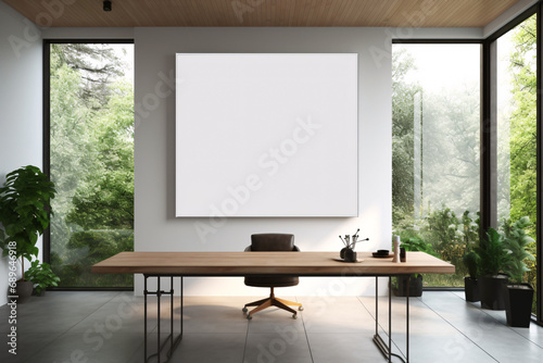 Empty picture frame mockup, white canvas in a stylish modern living environment