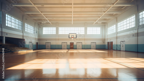 Empty basketball gym  morning sun shining upon hardwood parquet floor with thick black lines. Hoop  backboard and net placed in a public school sports indoor playground