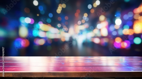 Empty wood table top on abstract blurred game center shop and nightclub lights background -  photo