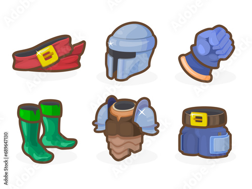 Game casual armor icons for your app. Bright remarkable UI elements. Good for animation. Chest, leggings, helmet, belt etc. Nice vector UI illustration for your business.