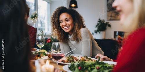Happy and diverse friend in a christmas dinner in a modern home