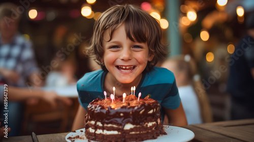 A happy young boy standing in front of the chocolate cake with candles  smiling and looking at the camera. Little male child birthday celebration concept  cheerful day  joyful childhood 