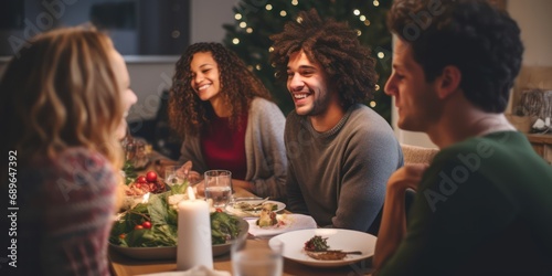 Happy friend and diverse family in a christmas dinner in a modern home