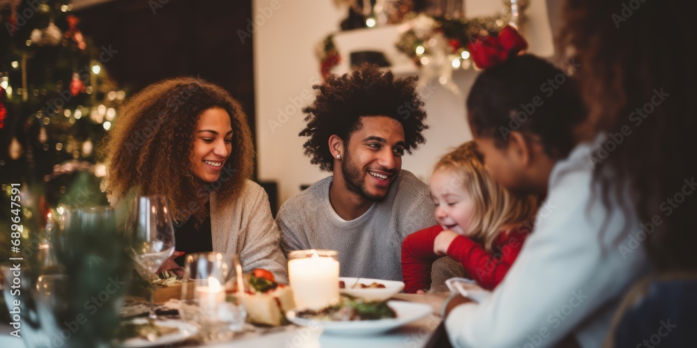 Happy little baby boy and diverse family in a christmas dinner in a modern home 