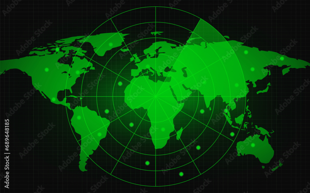 World map with a radar screen, digital green radar with targets and world map using as background and wallpaper. Futuristic circle radar style HUD, GUI, UI interface. Vector illustration World map with a radar screen, digital green radar with targets and world map using as background and wallpaper. Futuristic circle radar style HUD, GUI, UI interface. Vector illustration