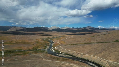 Aerial landscape view of beautiful Deosai plains. A freshwater stream flows through the Deosai National Park Gilgit Baltistan Pakistan.