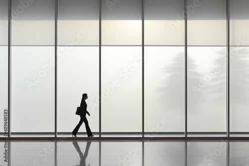 a woman walking through a large window