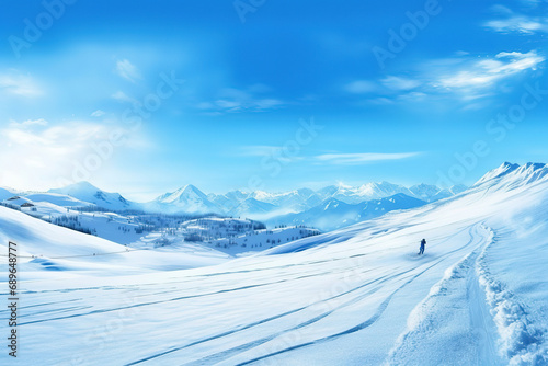 Skier on piste running downhill in beautiful Alpine landscape. Blue sky on background. Free space for text
