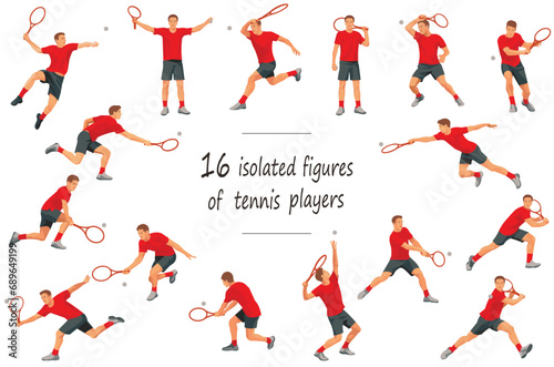 16 figures of a tennis player in red T-shirt in motion: standing, running, rushing, jumping, serving the ball, receiving the ball © ivnas