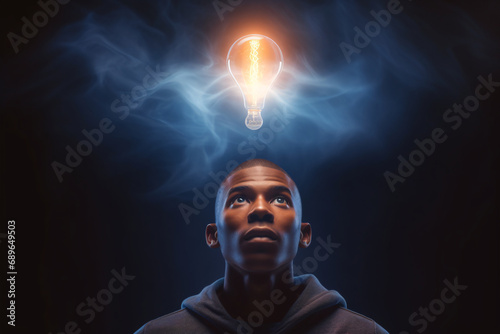 Lightbulb moment, a man having a good idea with a lightbulb going on above their head