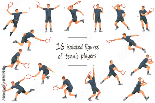 16 figures of tennis players in black T-shirts serving  receiving  hitting the ball  standing  jumping and running