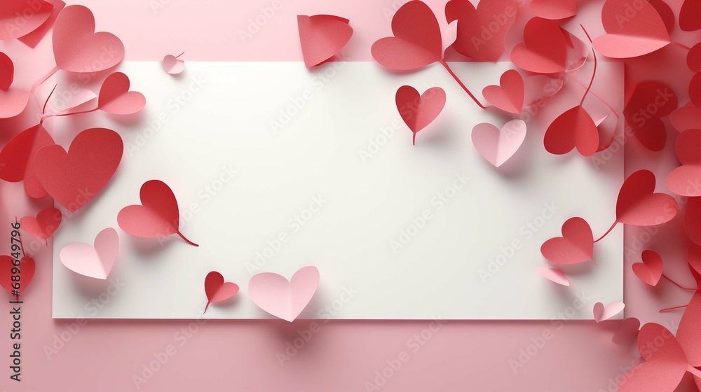 A white card surrounded by hearts, in the style of light pink and red, aerial photography