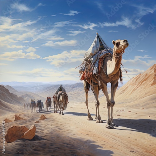 A camel caravan in the desert. Great for stories of adventure, the desert, Sahara, nomads, Middle East and more. 