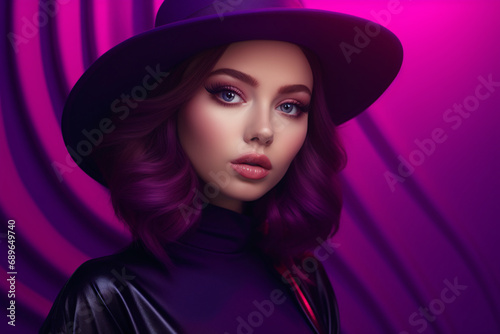 Fashion portrait of a model in front of a purple background