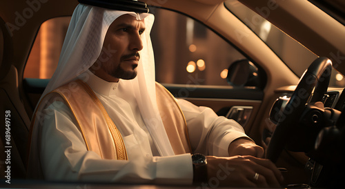 one alone Arab man sheikh wearing traditional white clothes in the car in the city Dubai. stylish Arab businessman doing sitting on driver place near steering wheel inside luxury taxi. Generative ai photo