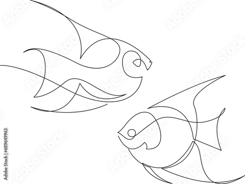 Astrological Pisces zodiac sign one line drawing. Astrology emblem. Aquarium fishes symbol outline, contour for mystic logo, calendar print. Horoscope vector Illustration.